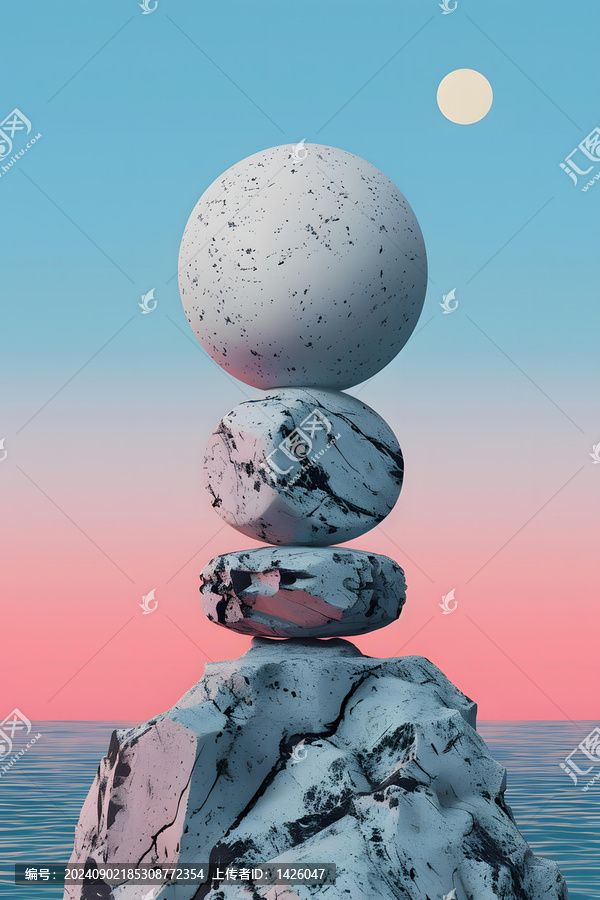 抽象極簡(jiǎn)主義石頭與球體疊放在巖石構(gòu)造上