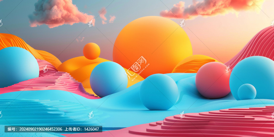 3D幾何圖形在柔和的日落背景下的插圖