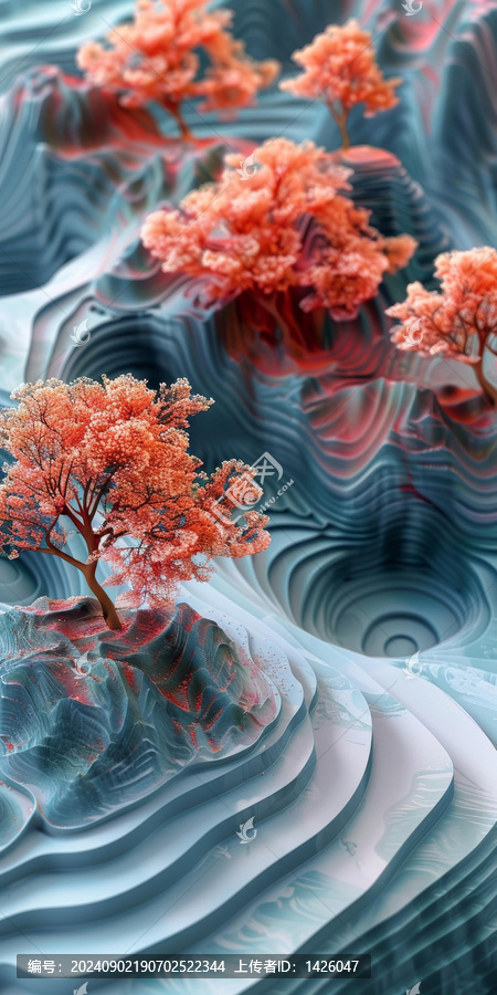 藍粉色的渲染圖其中有粉色的樹