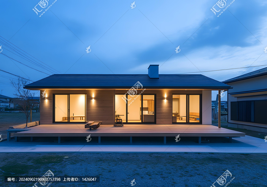 現(xiàn)代日式木質(zhì)露臺(tái)房屋夜晚景觀