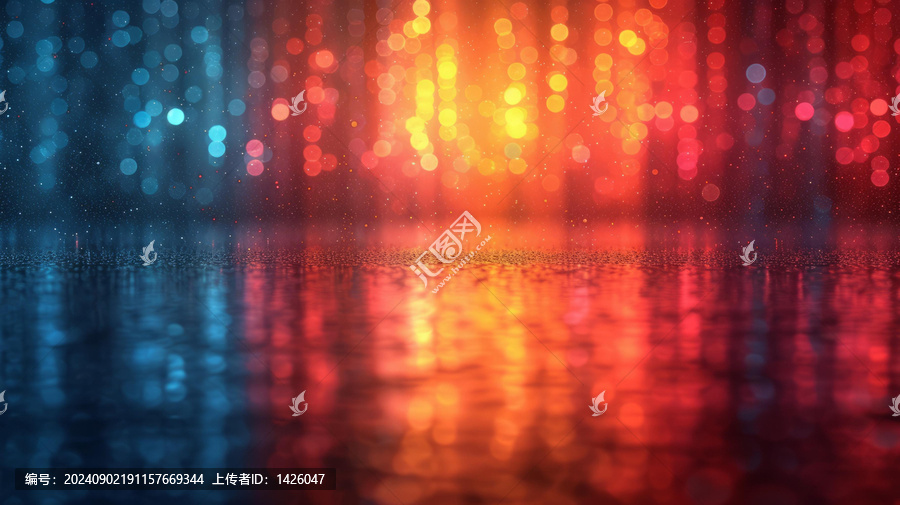 夜晚雨后瀝青路面反射的紅色和藍(lán)色散景光斑