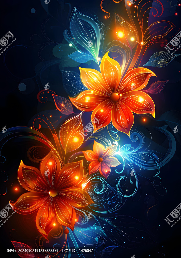 花朵綻放的花園，花朵的花瓣在黑暗中閃耀著光芒