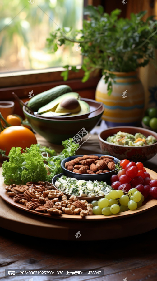 一個裝滿健康食品的木盤包括水果蔬菜和堅(jiān)果