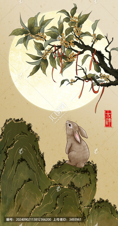 桂花山月桂金桂山石玉兔古畫背景