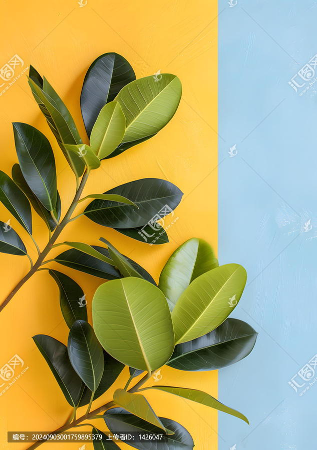 黃色和藍色背景上的綠色葉子