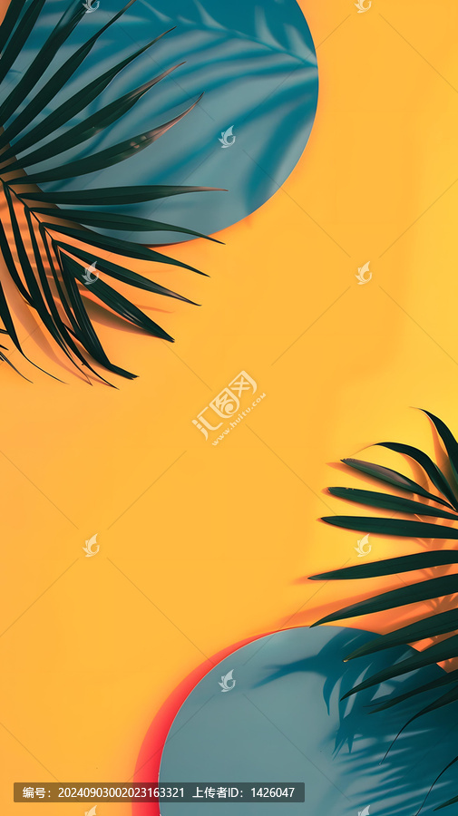 黃色背景上的熱帶樹葉和圓形