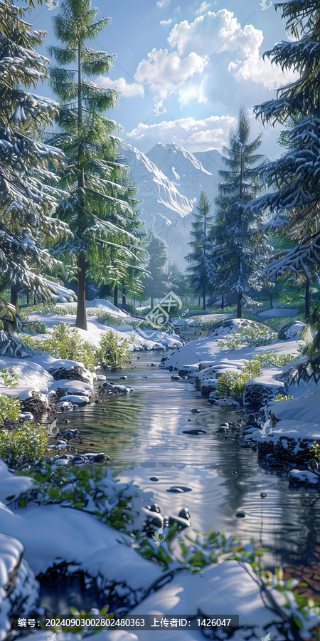白雪皚皚的樹(shù)林中一條小溪靜靜地流淌