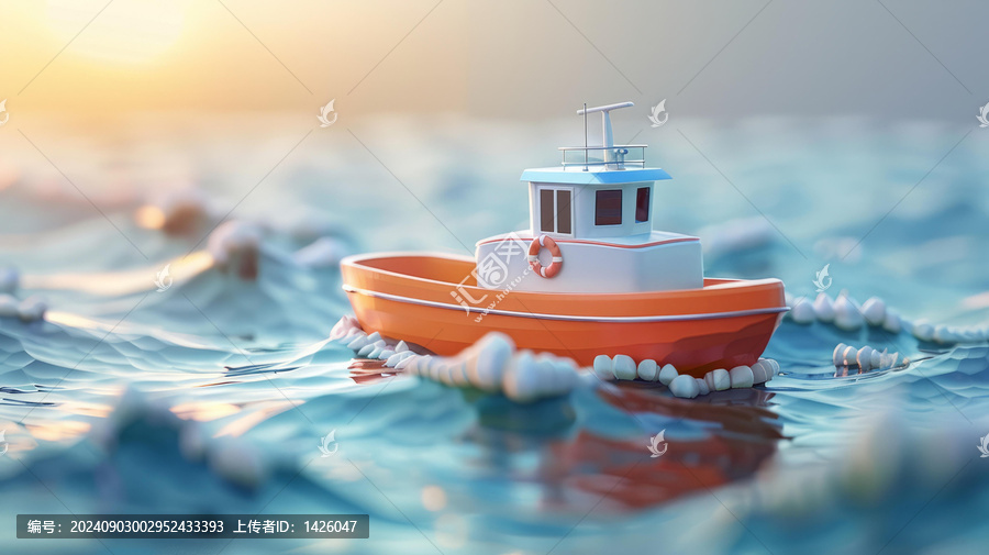 橙白色玩具船在波浪起伏的藍(lán)色水面上