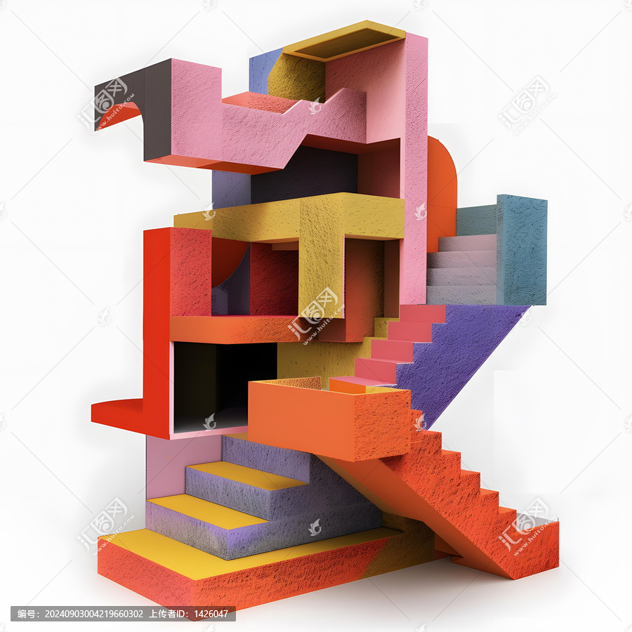 幾何圖形和樓梯的抽象彩色3D建筑