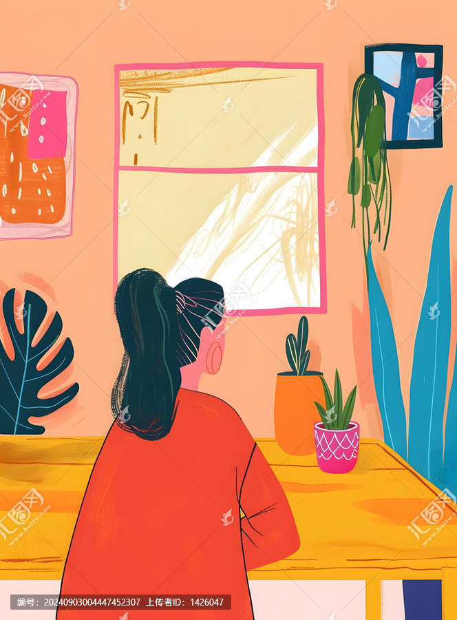 女人坐在窗邊，旁邊放著植物