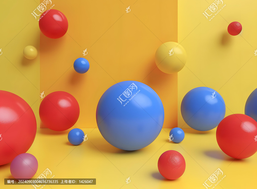 黃色背景上的抽象彩色球體3D