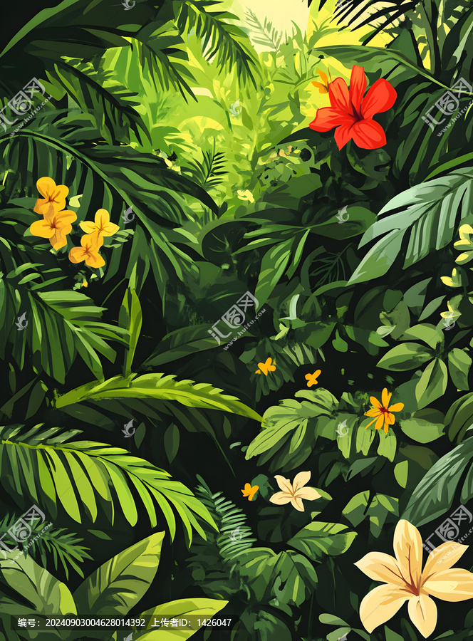熱帶雨林的繁茂綠葉與紅黃花朵