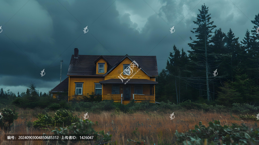 暴風雨天空下的黃色小屋