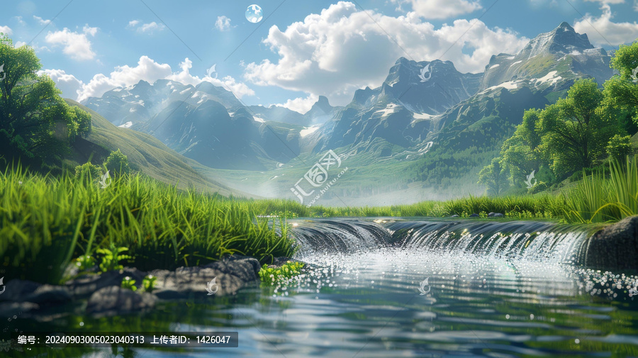 在山谷中流淌的河流遠處是白雪皚皚的山峰