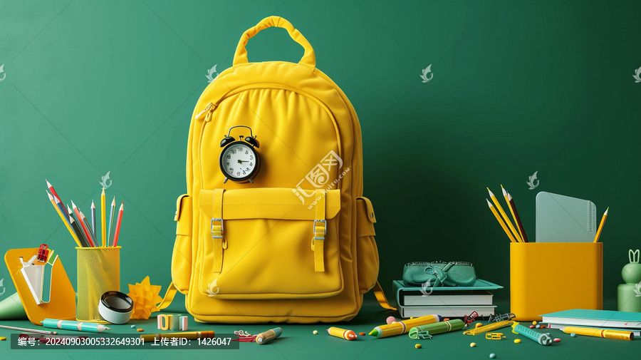 一只裝有學習用品的黃色書包背景為綠色