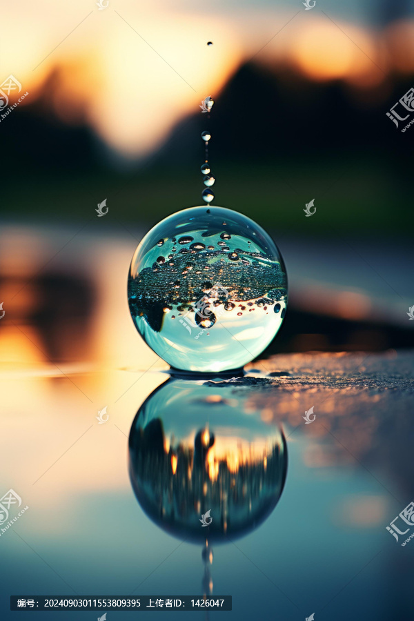 水滴在玻璃球上濺起漣漪背景是日落