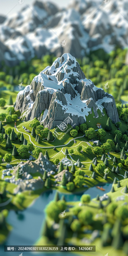 渲染的山地景觀有河流和樹木