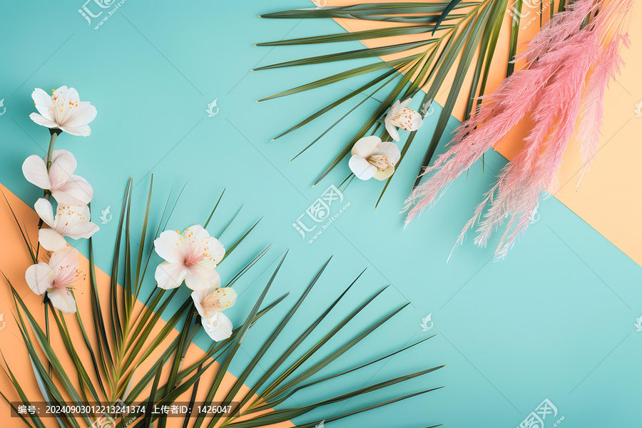 藍(lán)色和橙色背景上的熱帶葉子和花朵