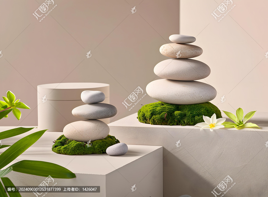 極簡禪意石頭與苔蘚和白花