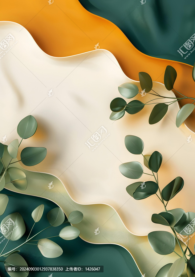 抽象綠色葉子背景，白色和黃色