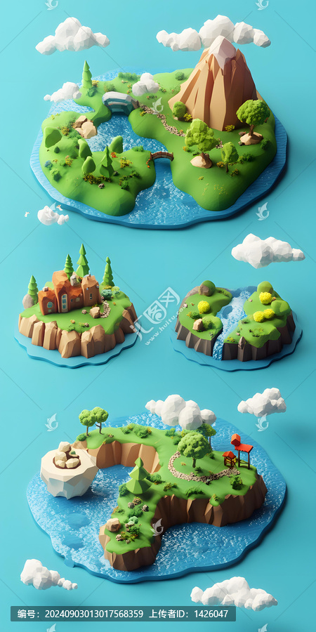 低多邊形3D,山脈房屋樹木云朵島嶼