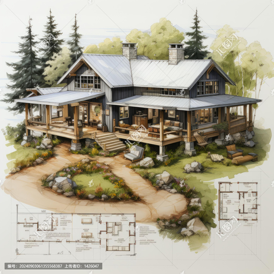 一幅美麗的樹林小屋的插圖