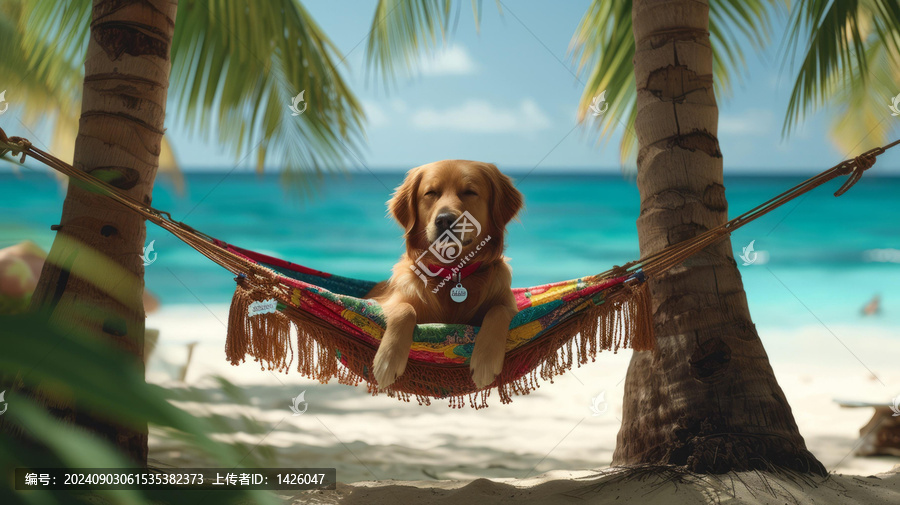 金毛獵犬在海灘吊床上乘涼