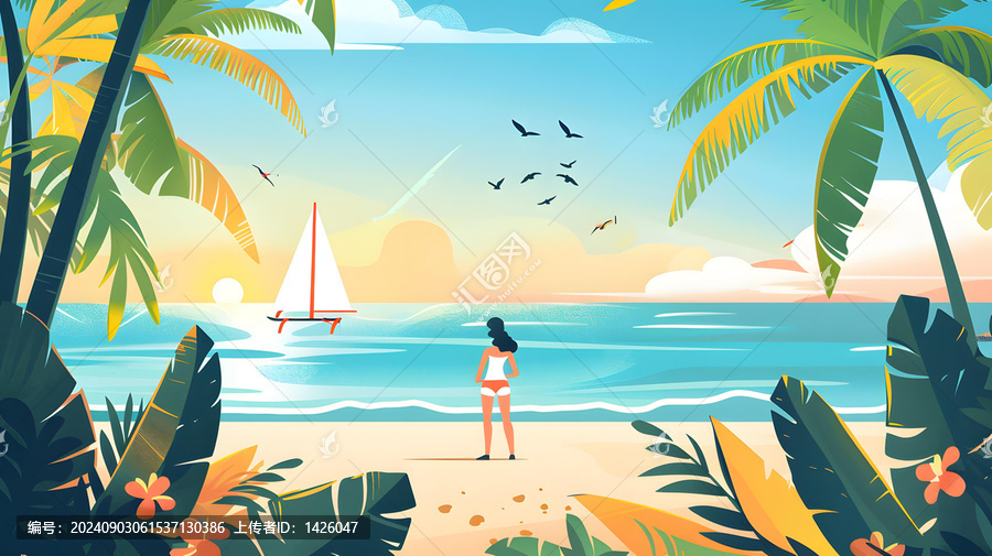 熱帶海灘上觀海的女性