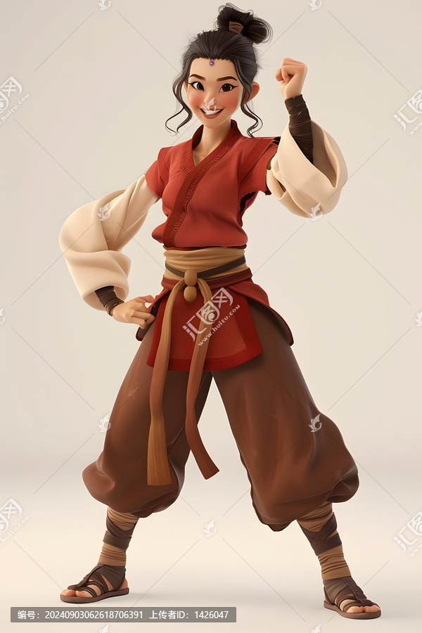 穿著紅色和棕色中國(guó)傳統(tǒng)服裝的卡通女性