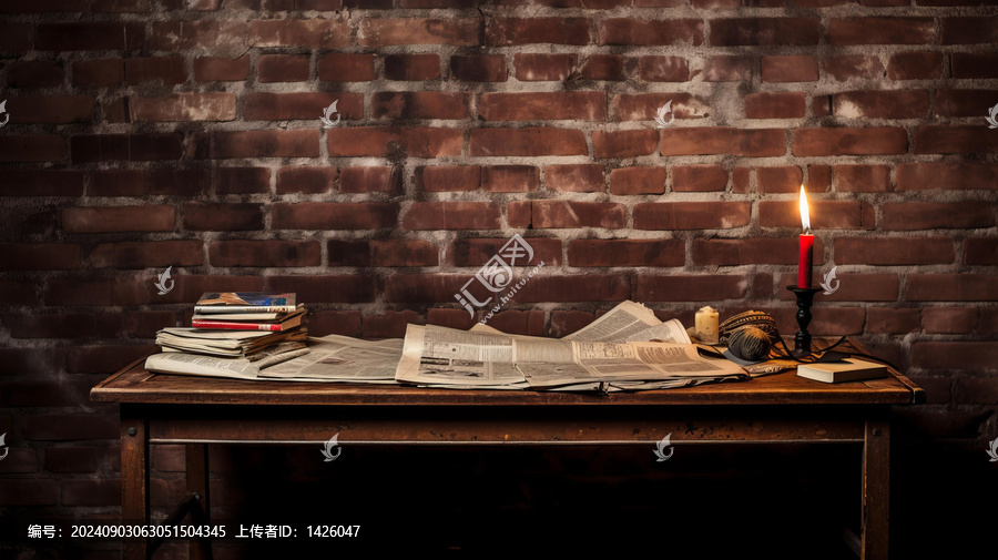 磚墻背景下擺放著書(shū)籍和蠟燭的木桌