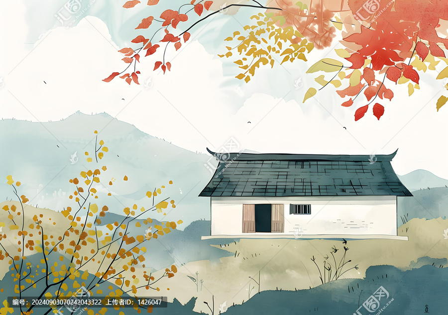 水彩畫傳統(tǒng)亞洲房屋風(fēng)景