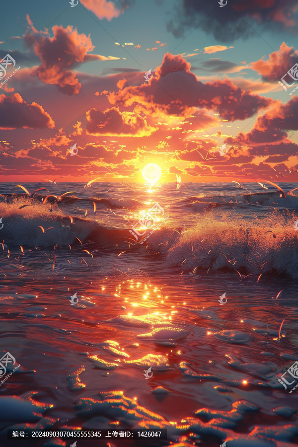 海鷗和赤紅的海面日落