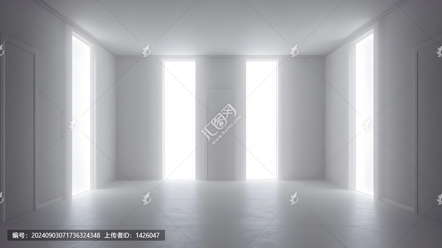 明亮窗戶和門的空曠白色房間