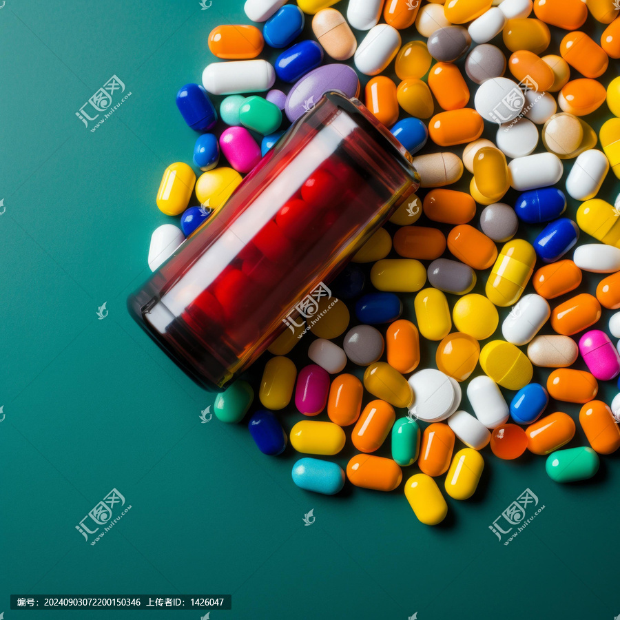散落在綠色桌面上的五顏六色的藥片和膠囊