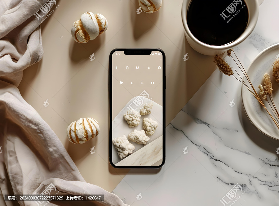 極簡(jiǎn)風(fēng)格手機(jī)屏幕，配以花椰菜和咖啡