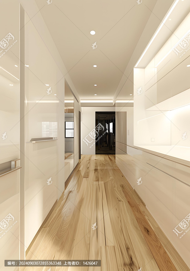 現(xiàn)代白色廚房走廊木地板設計