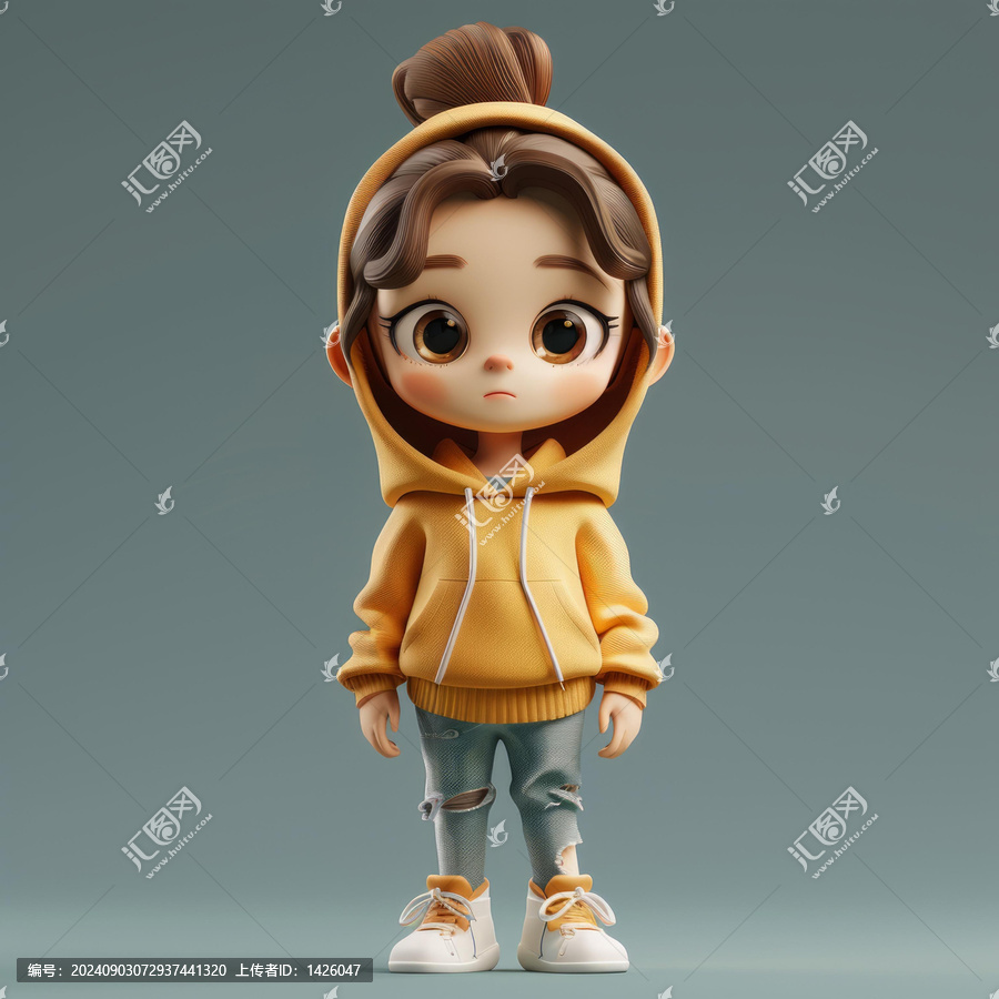 一個穿著黃色連帽衫的可愛女孩的插圖