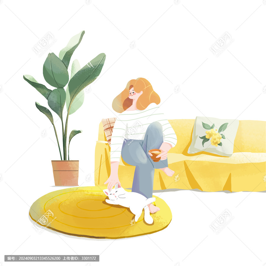 手繪插畫擼貓的女孩