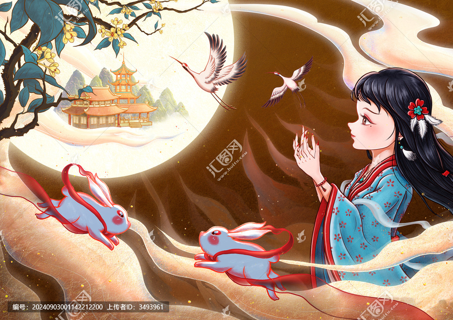 中秋插畫嫦娥玉兔桂花廣寒宮