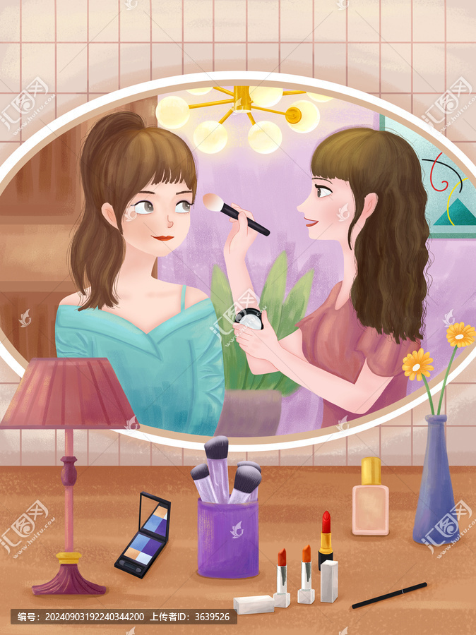 在梳妝臺前相互化妝的兩個女生