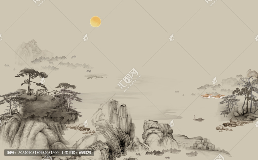 高端新中式山水背景墻壁畫