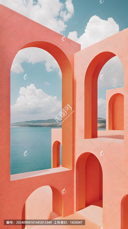 拱形建筑抽象藝術，海景背景
