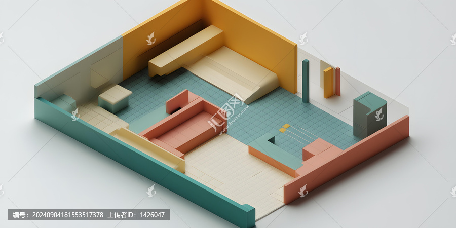 極簡主義風(fēng)格的現(xiàn)代辦公室空間3D渲染，彩色墻壁和幾何家具