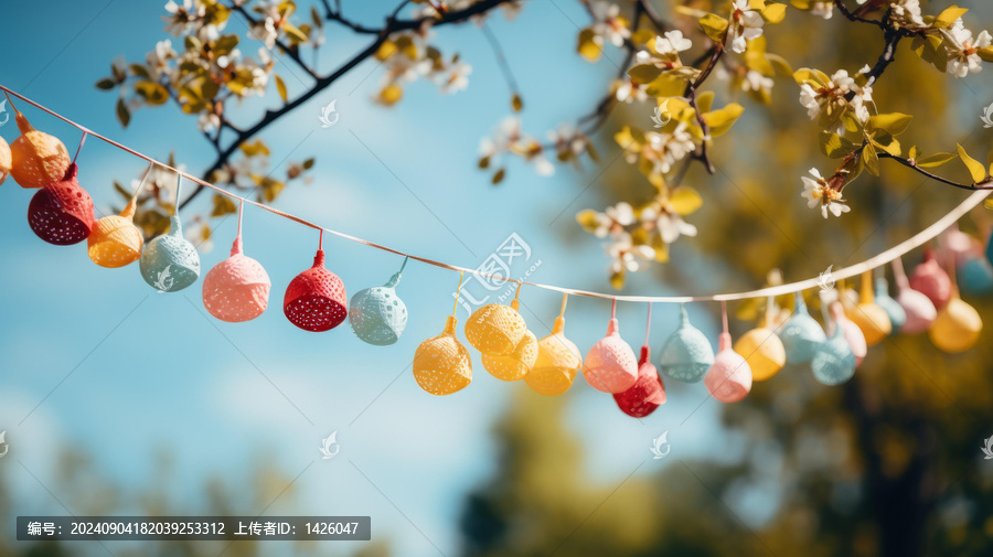 花園里掛在樹枝上的五顏六色的復活節(jié)彩蛋