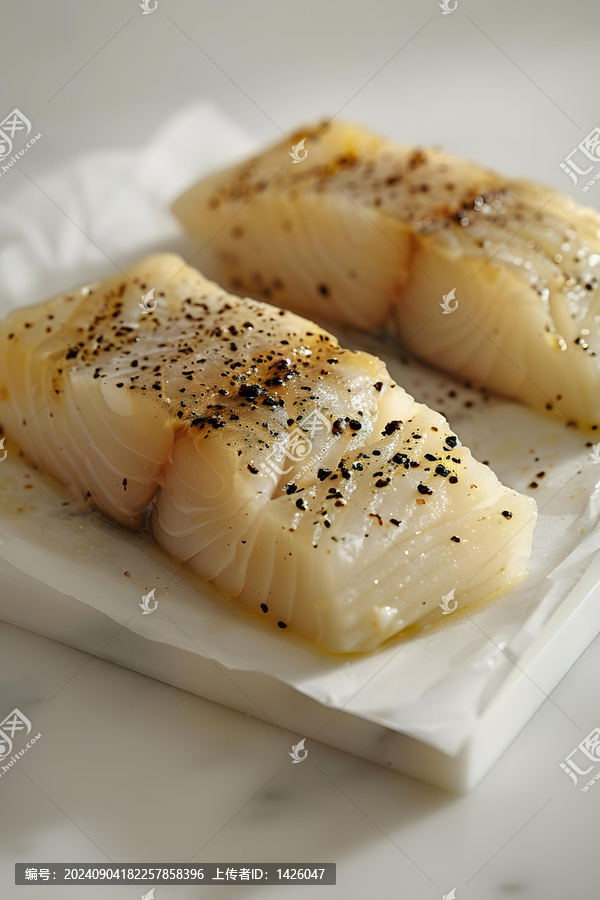 新鮮鱈魚片佐以調味料，準備烹飪
