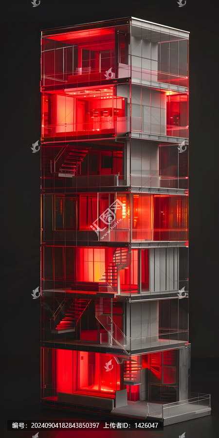 紅色燈光照亮的透明建筑模型