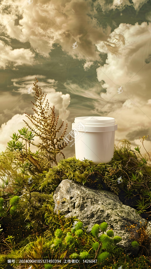 苔蘚巖石上的白色塑料容器，云朵背景