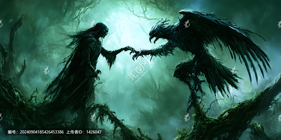 黑暗森林中，奇幻生物與人類伸出手互相觸碰的