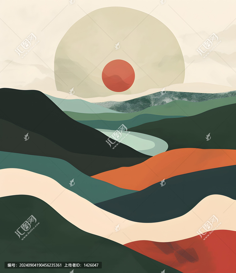 抽象山脈景觀與太陽