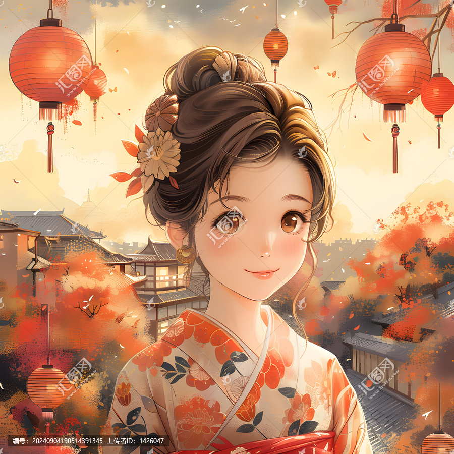 一個(gè)美麗身穿和服的日本女孩站在掛有紅燈籠的街道上